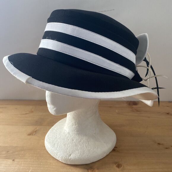 Ben Marc Hat Black & White Derby Dress Church Structured Hat w Satin 3D Flower - Picture 1 of 9
